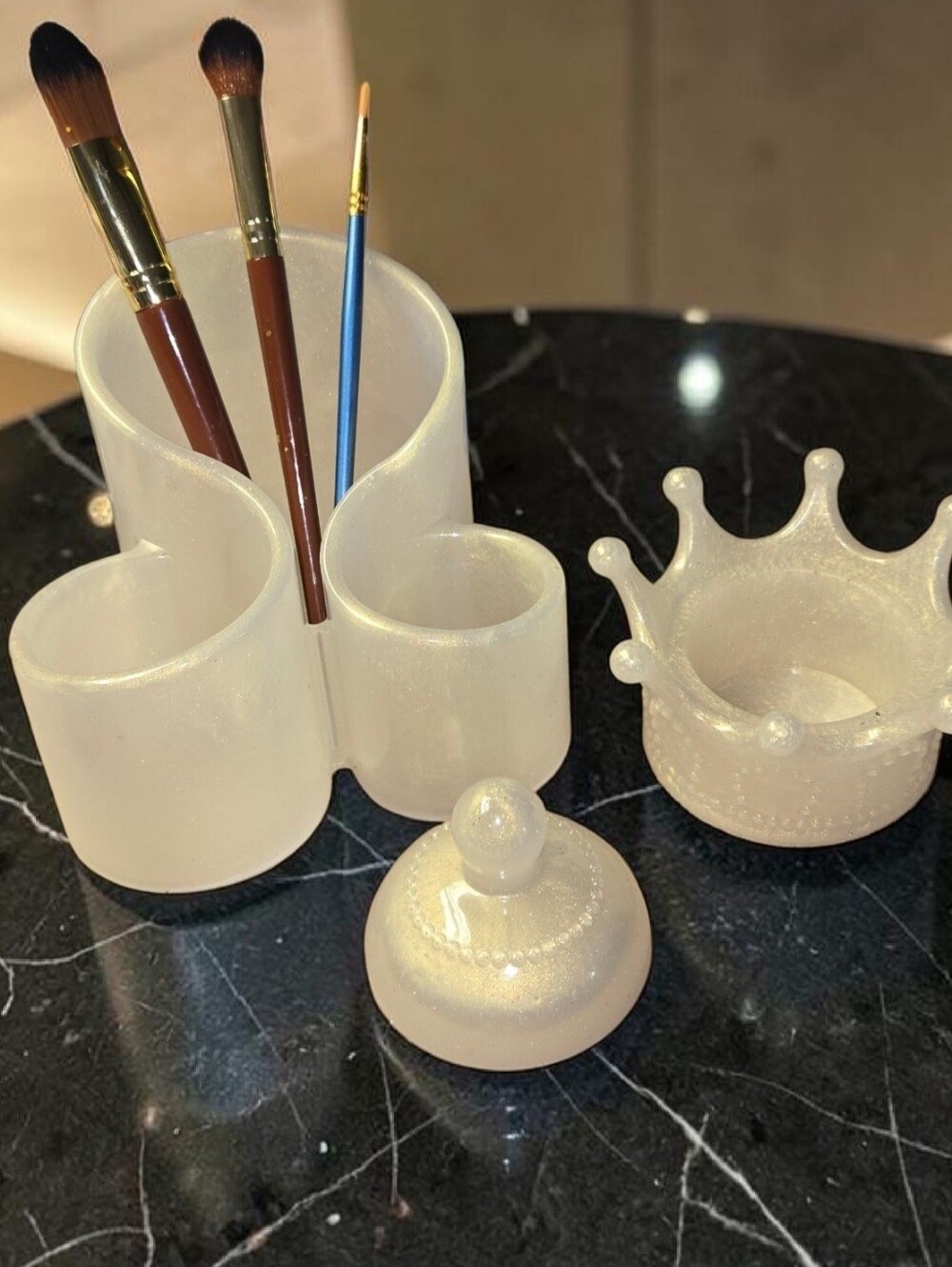 Hand Crafted Pearl White Iridescent Brush & Trinket Organizer Set